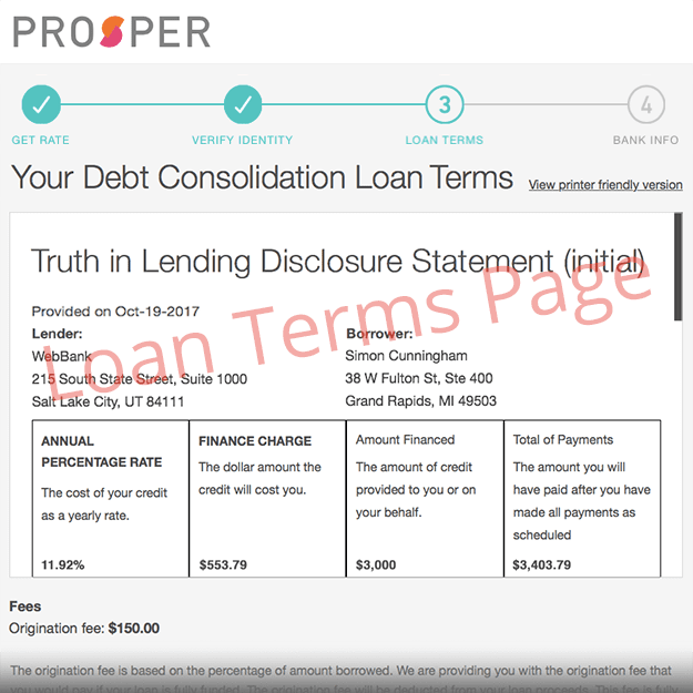 Truth in Lending Disclosure Page at Prosper