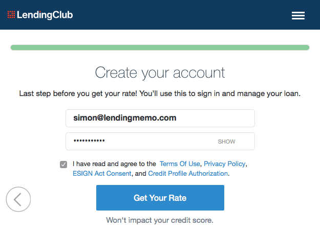 Lending Club Create Account Page
