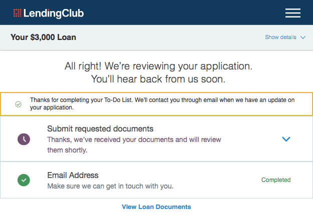 Lending Club Upload Documents Page